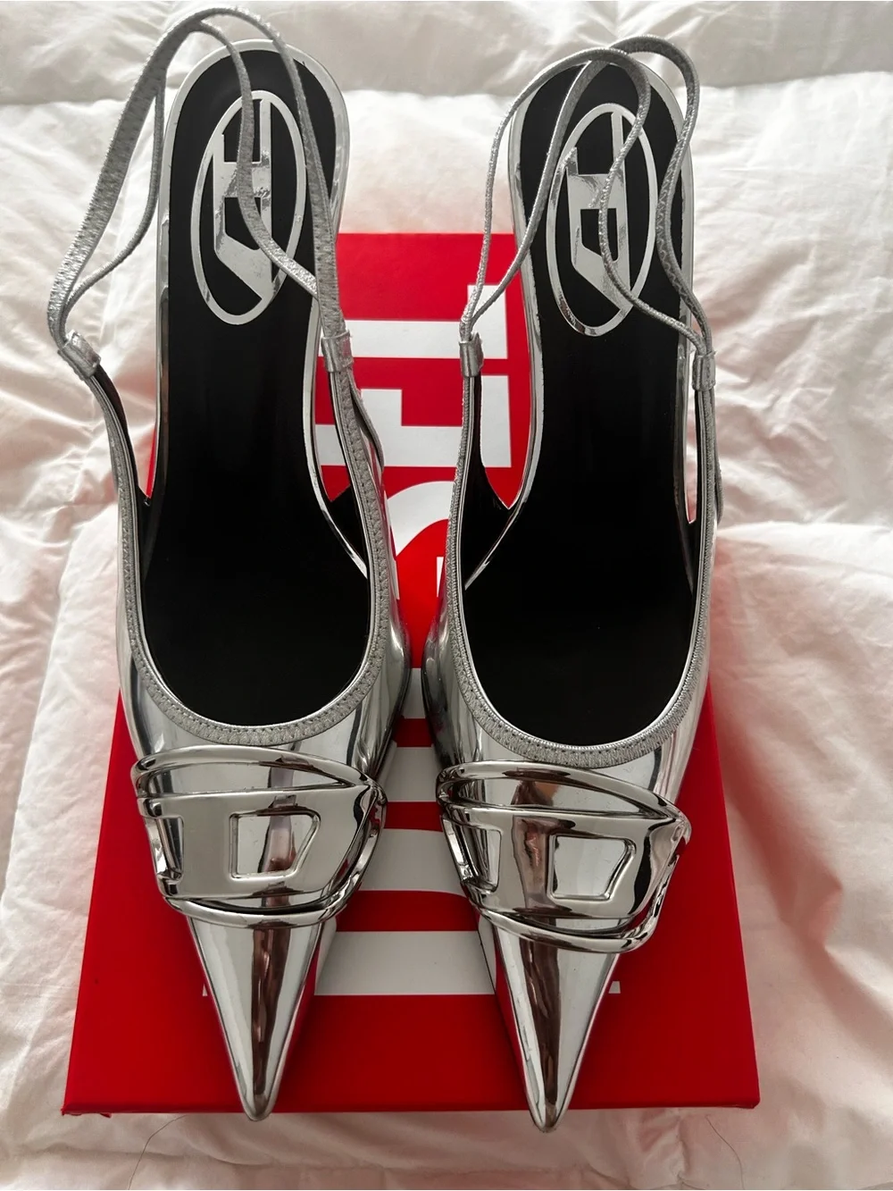 Diesel Silver Metallic Pointed Slingback Pumps with Buckle - Picture 2 of 6